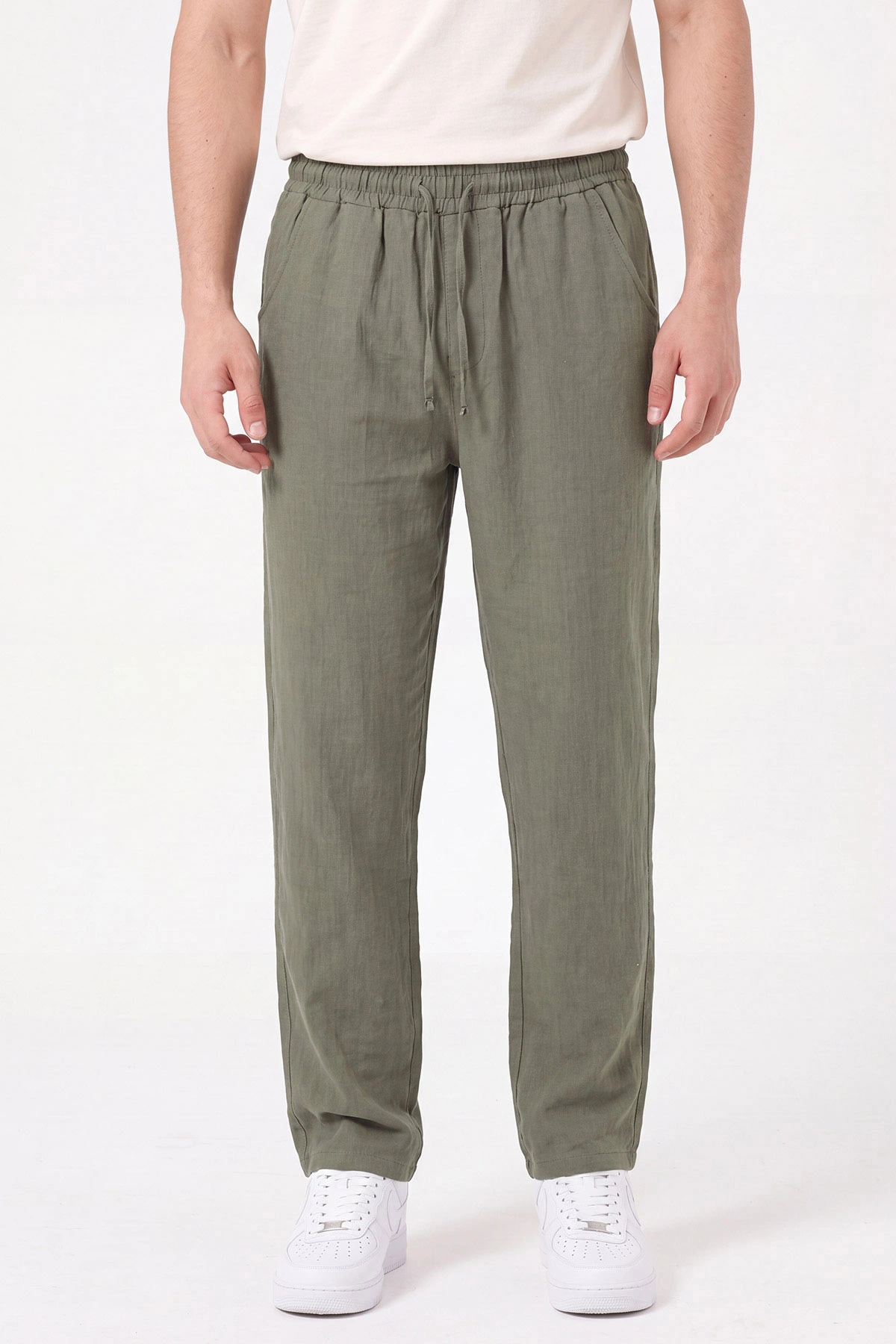 Haki Müslin Keten Belden Bağlamalı Baggy Erkek Pantolon 473025