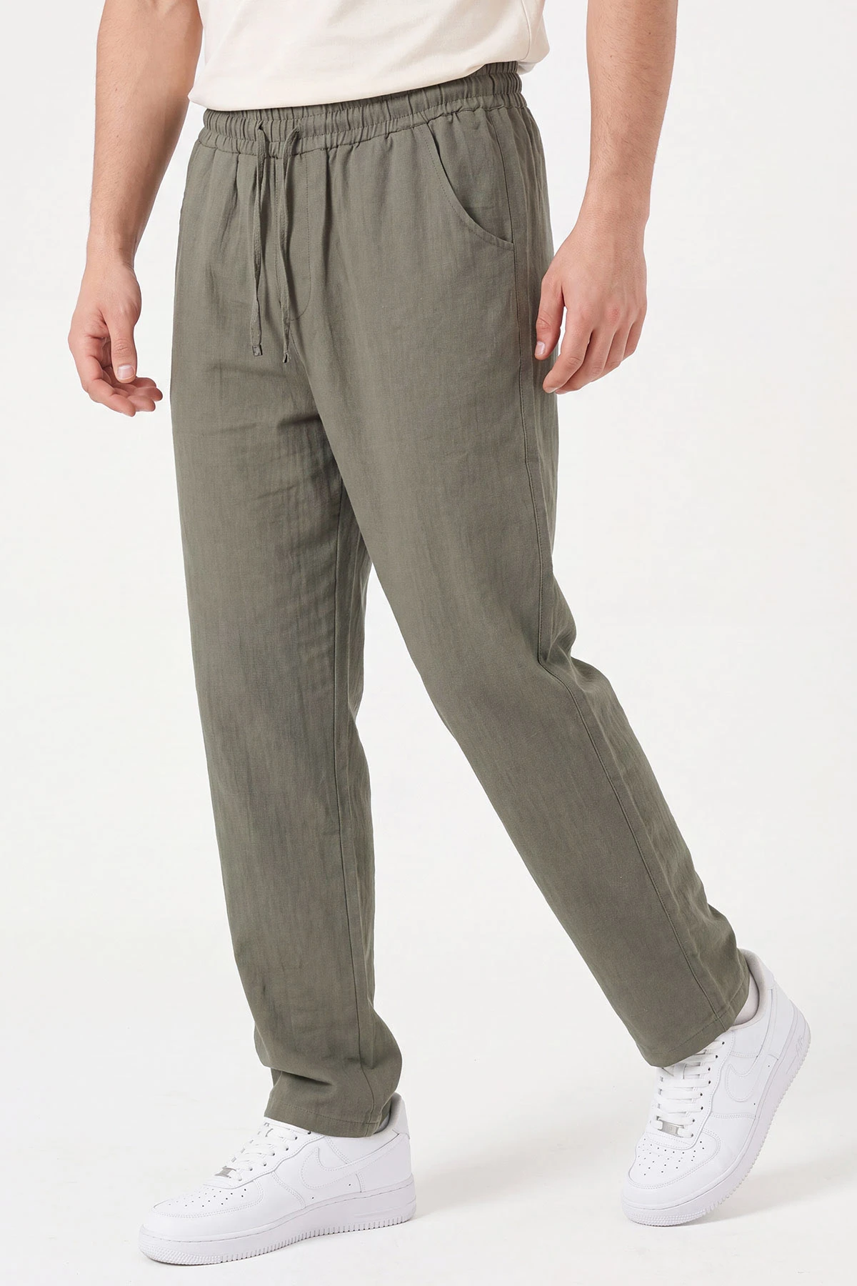 Haki Müslin Keten Belden Bağlamalı Baggy Erkek Pantolon 473025