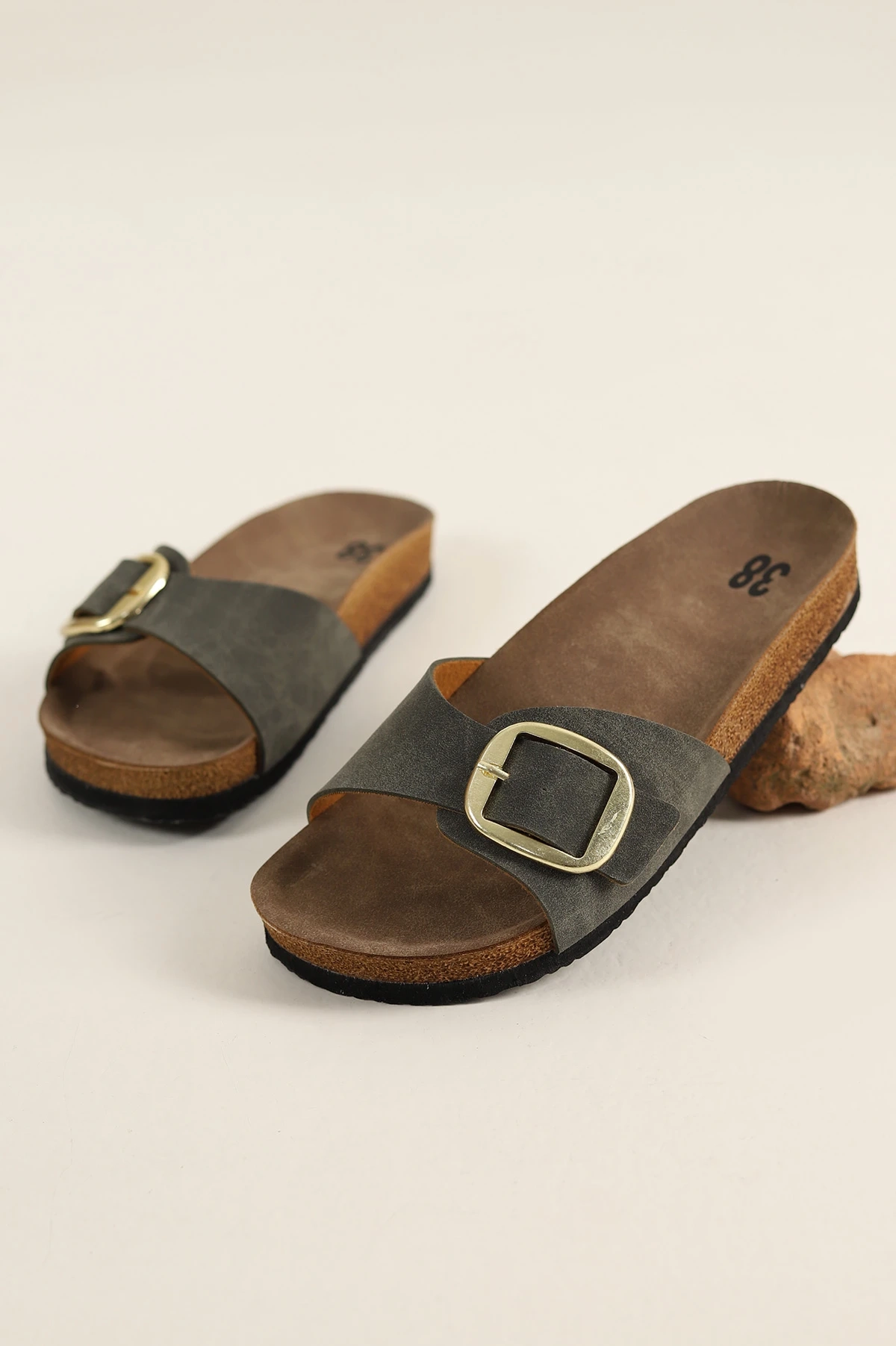 Haki Nubuk Mantar Taban Tokalı Kadın Terlik 440982