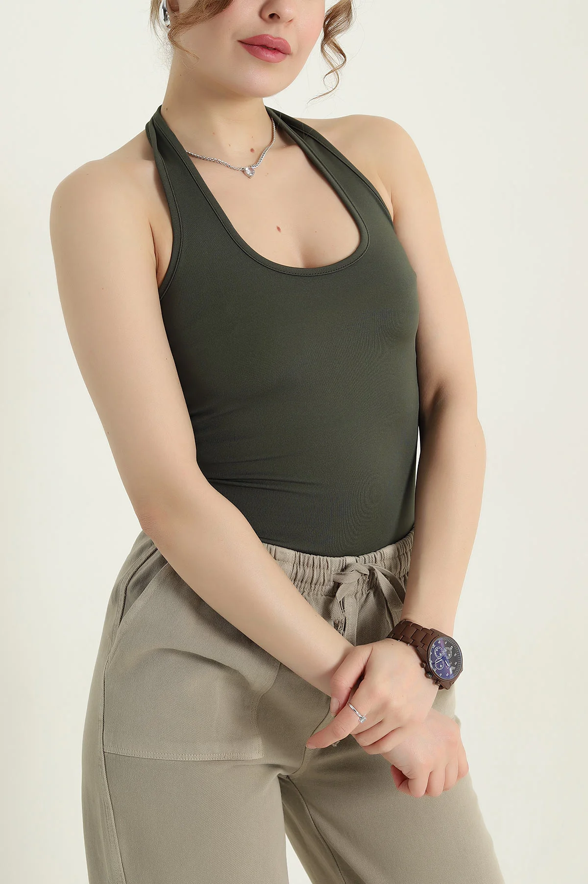 Haki Omuz Askılı Sandy Kadın Zıbın Bluz 435492