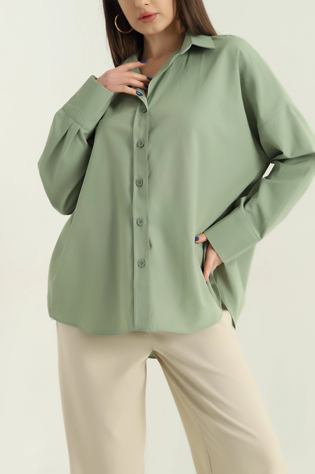 Haki Oversize Bayan Poplin Gömlek 337008