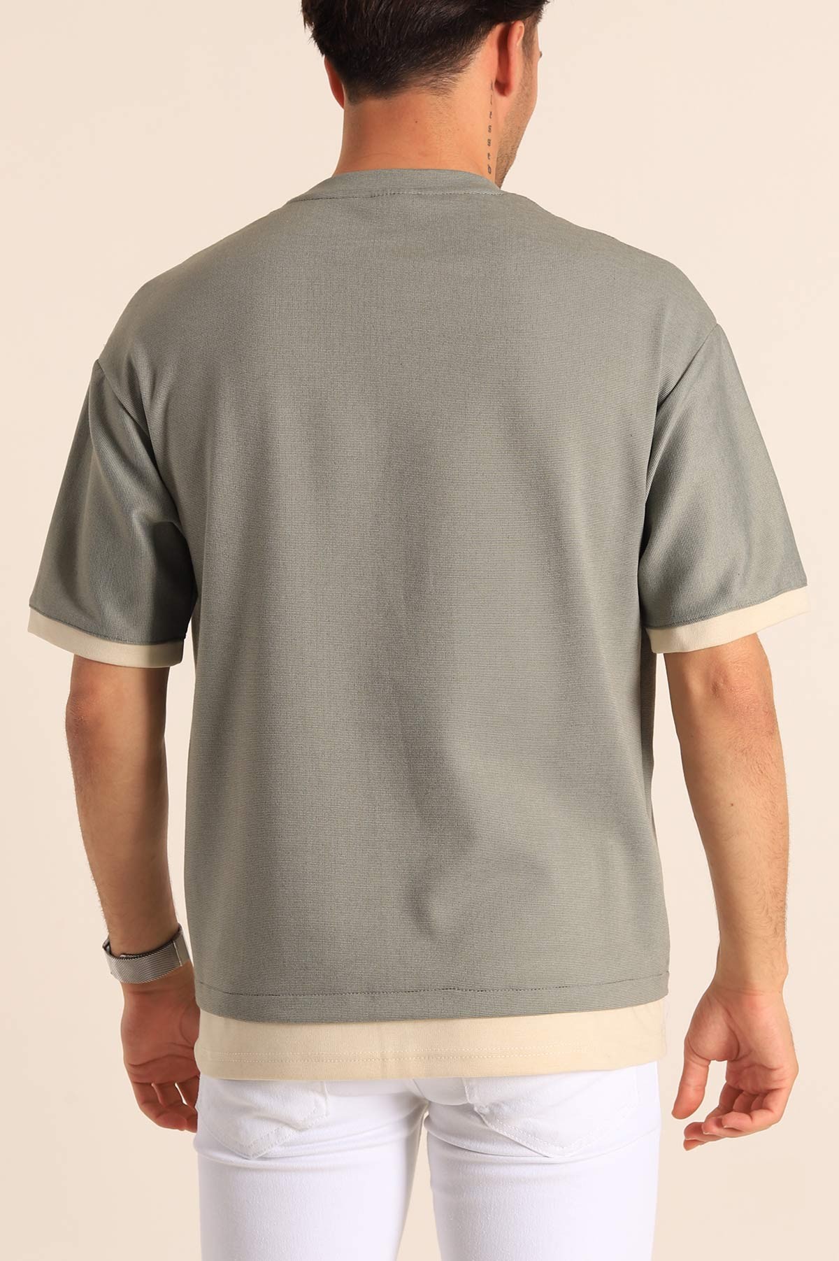 Haki Oversize Çift Renk Cepli Erkek Tişört 181826