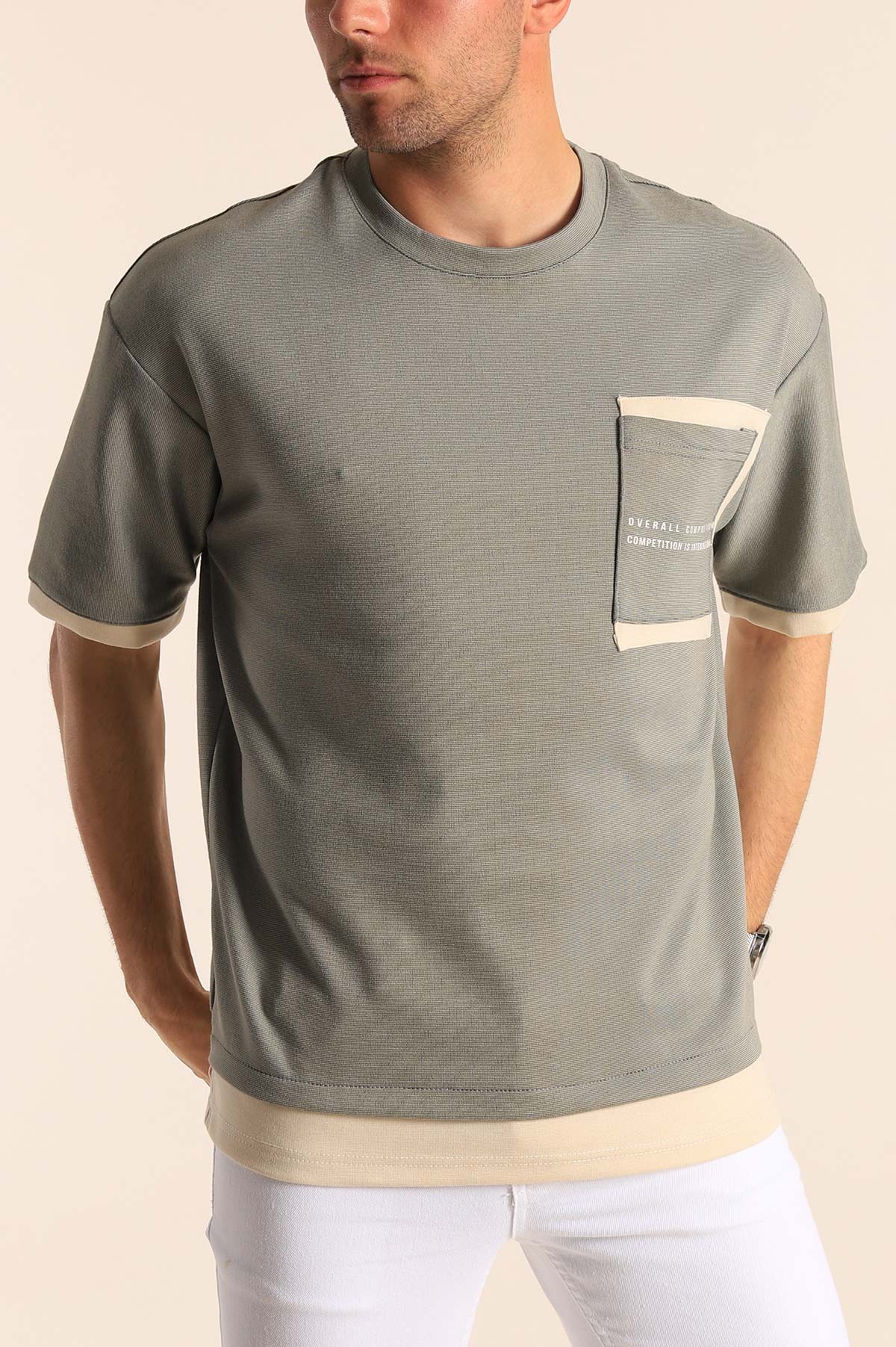 Haki Oversize Çift Renk Cepli Erkek Tişört 181826