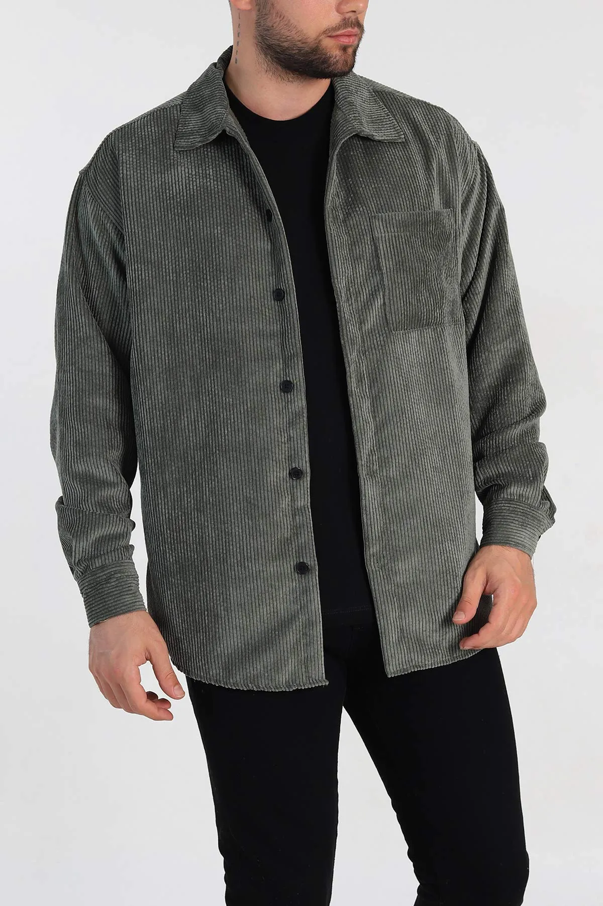 Haki Oversize Fitilli Kadife Cep Detaylı Erkek Gömlek 318408