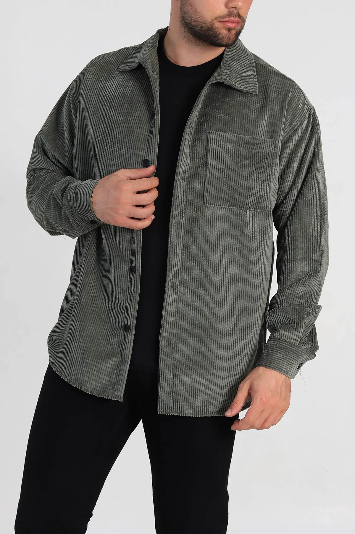 Haki Oversize Fitilli Kadife Cep Detaylı Erkek Gömlek 318408