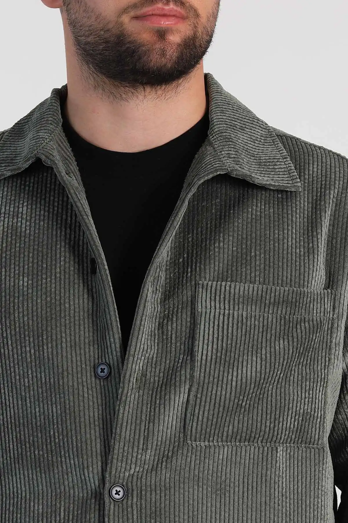 Haki Oversize Fitilli Kadife Cep Detaylı Erkek Gömlek 318408