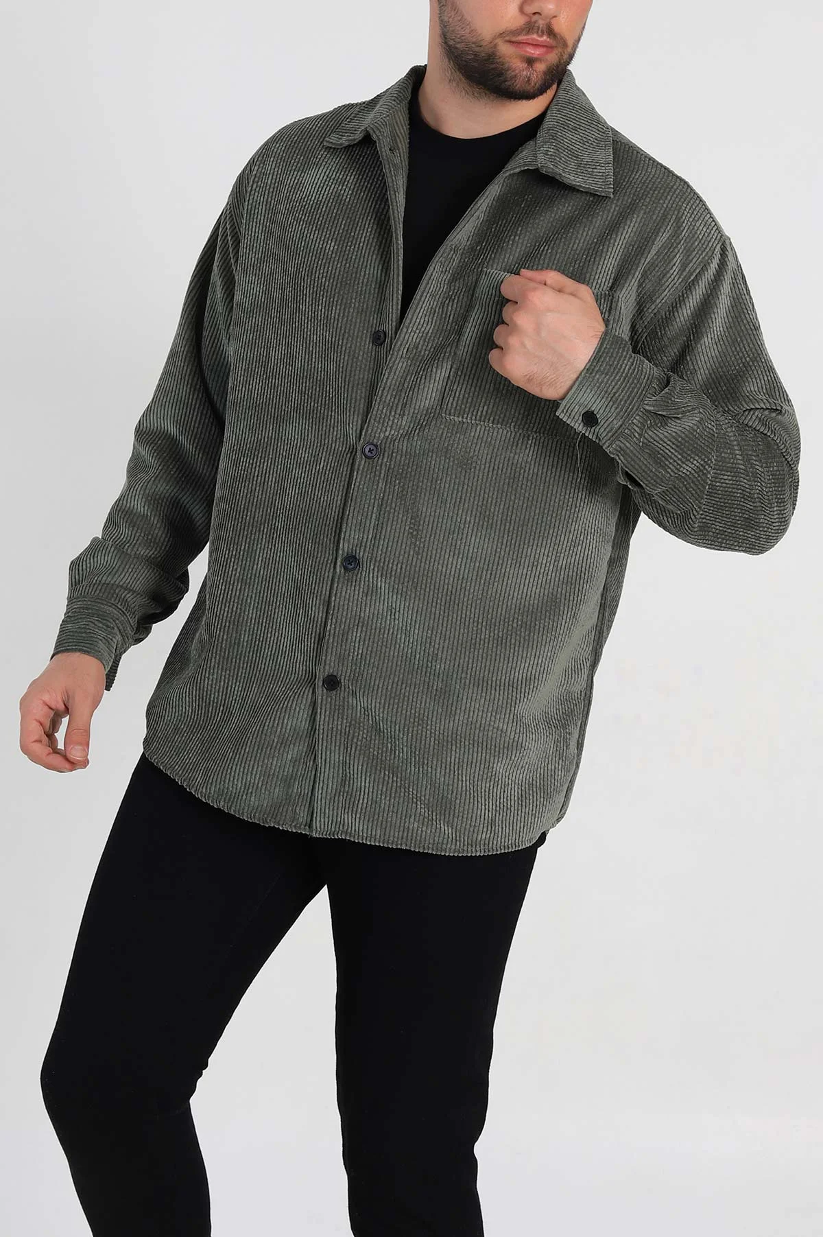 Haki Oversize Fitilli Kadife Cep Detaylı Erkek Gömlek 318408