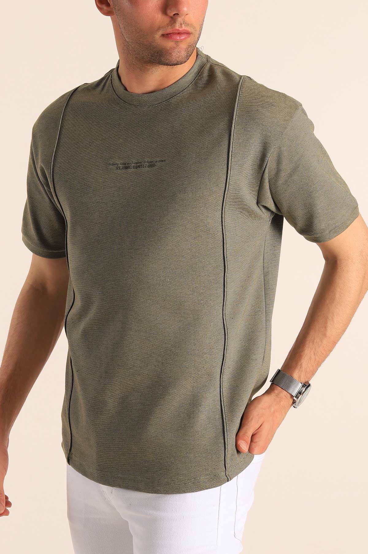 Haki Oversize Kabartma Yazılı Dikişli Erkek Tişört 181817