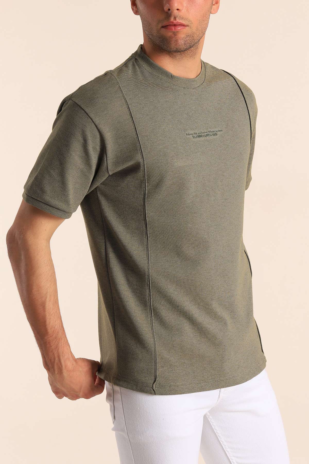 Haki Oversize Kabartma Yazılı Dikişli Erkek Tişört 181817