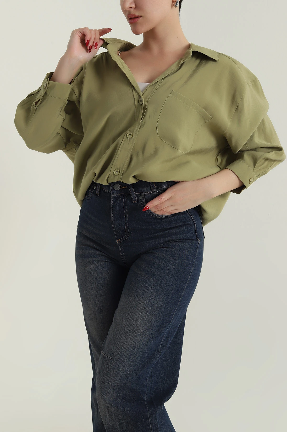 Haki Oversize Modal Kadın Gömlek 427909