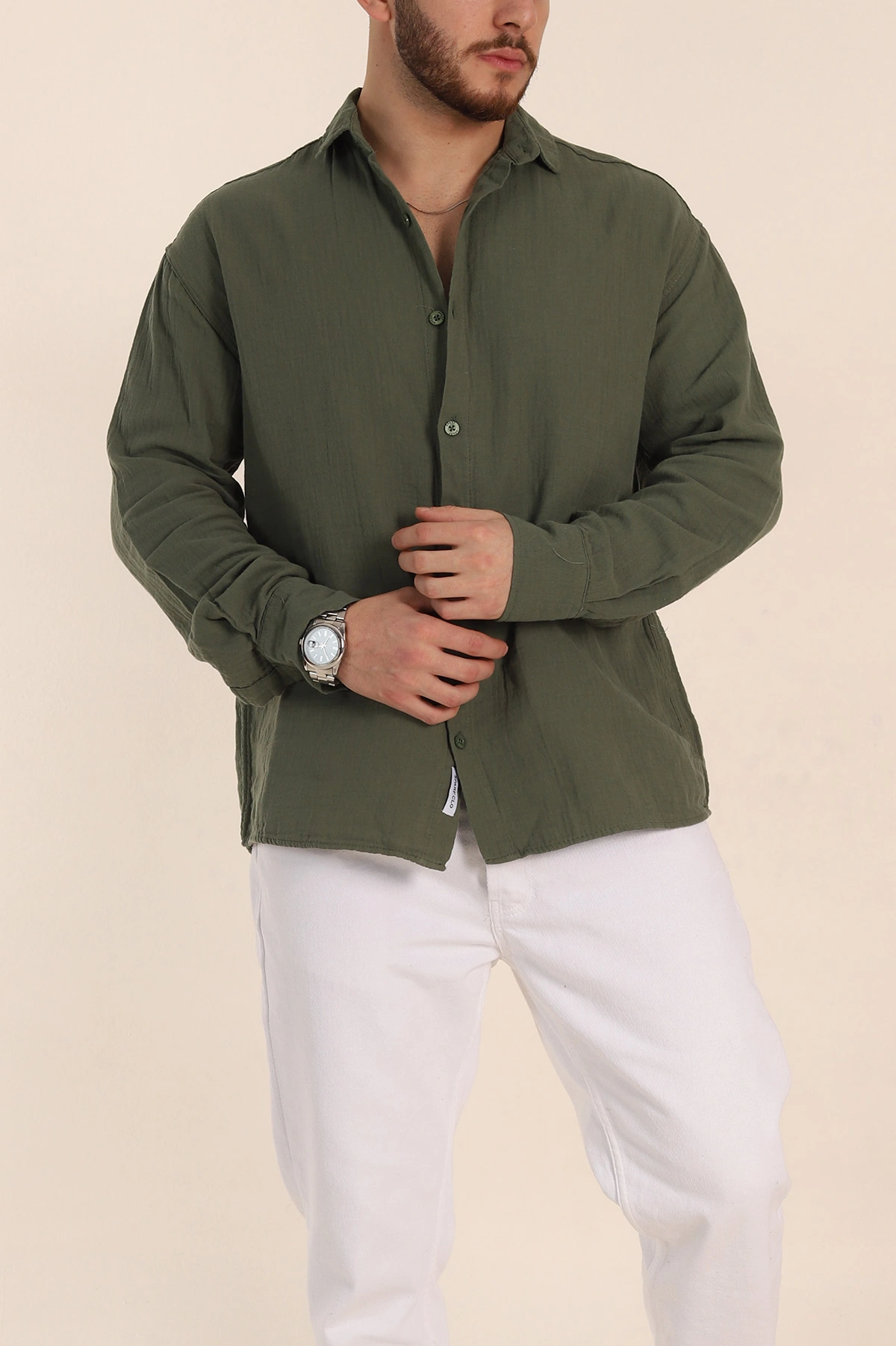 Haki Oversize Müslin Keten Uzun Kollu Erkek Gömlek 347734
