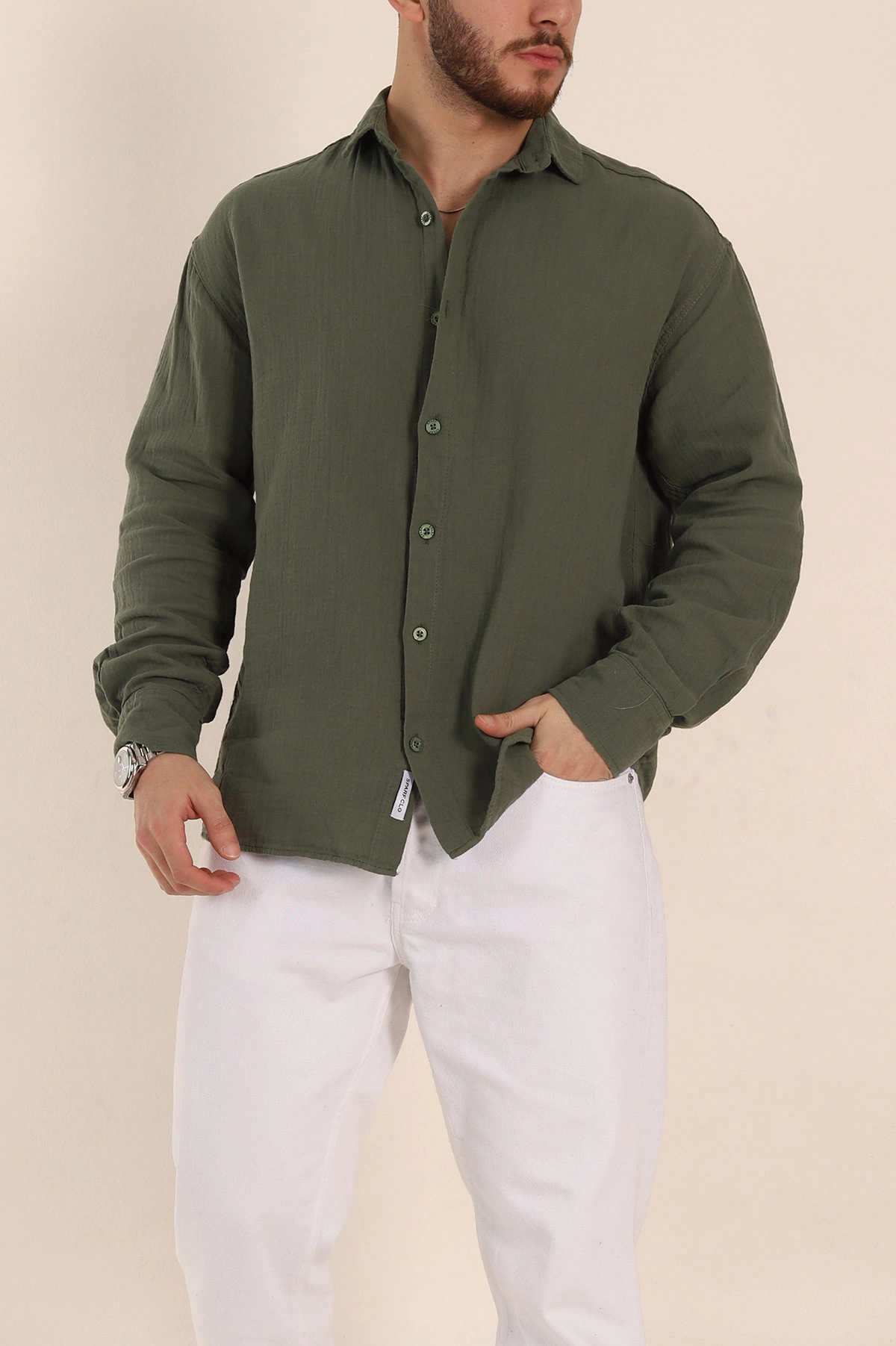 Haki Oversize Müslin Keten Uzun Kollu Erkek Gömlek 347734