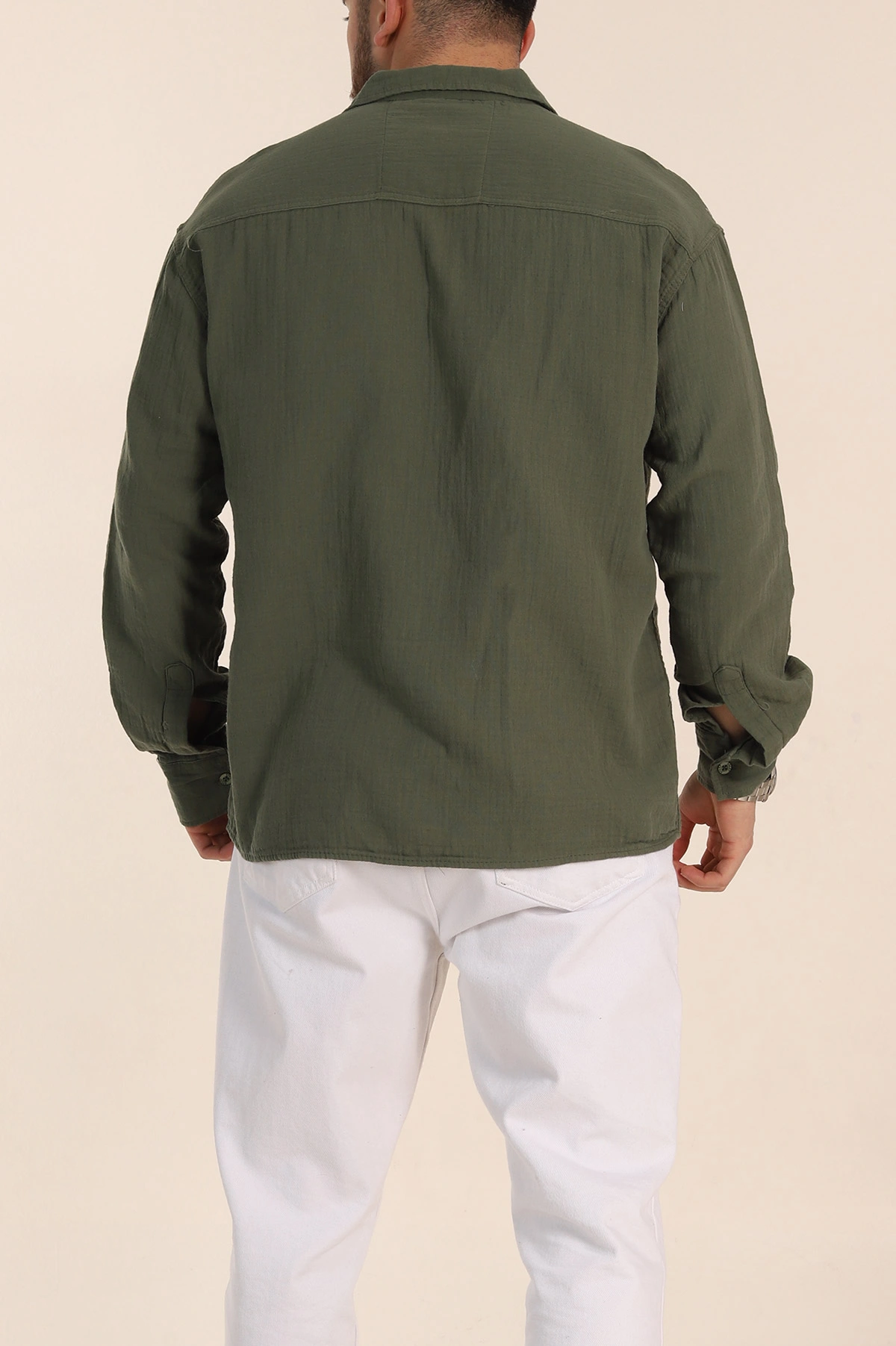 Haki Oversize Müslin Keten Uzun Kollu Erkek Gömlek 347734