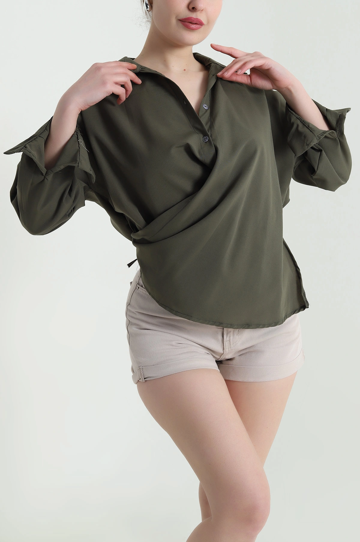 Haki Oversize Poplin Kadın Gömlek 448913