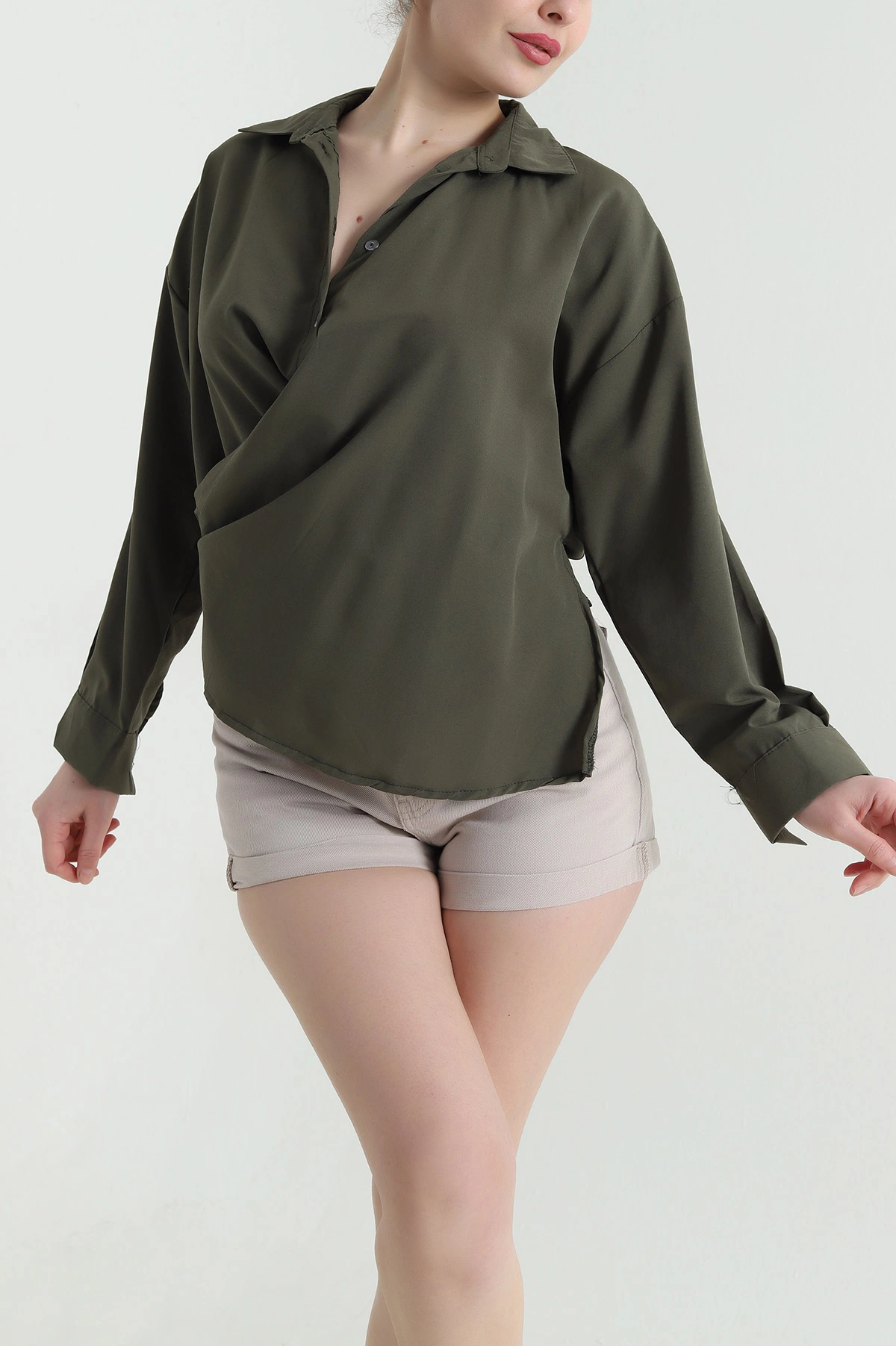 Haki Oversize Poplin Kadın Gömlek 448913