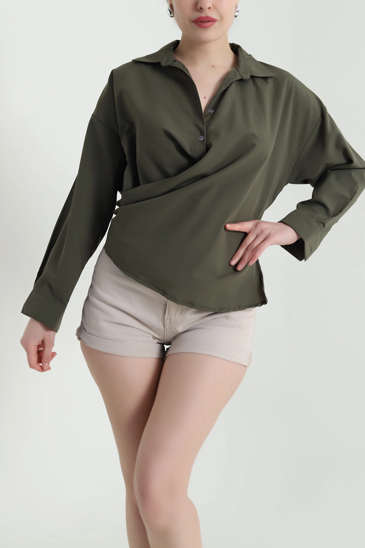 Haki Oversize Poplin Kadın Gömlek 448913