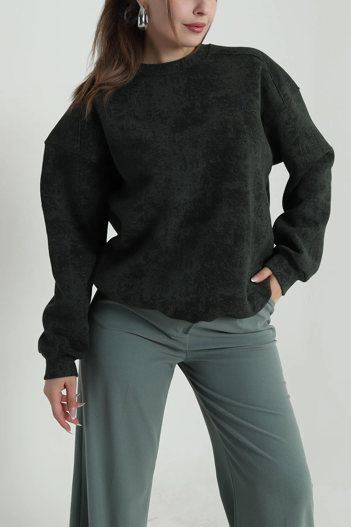 Haki Oversize Şardonlu Üç İp Kadın Sweat 486704