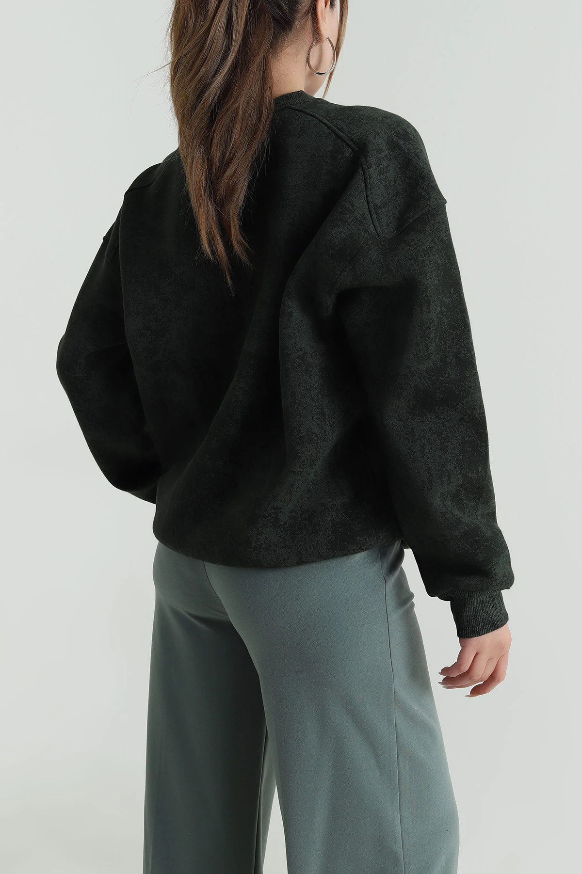 Haki Oversize Şardonlu Üç İp Kadın Sweat 486704