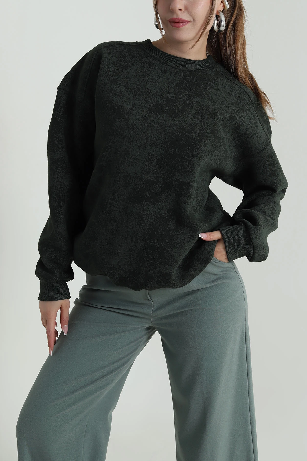 Haki Oversize Şardonlu Üç İp Kadın Sweat 486704