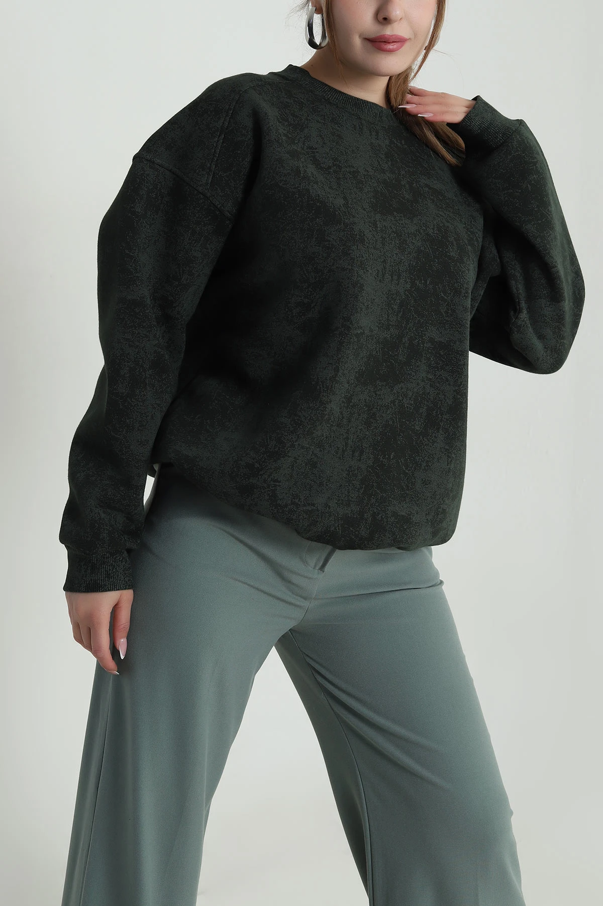 Haki Oversize Şardonlu Üç İp Kadın Sweat 486704