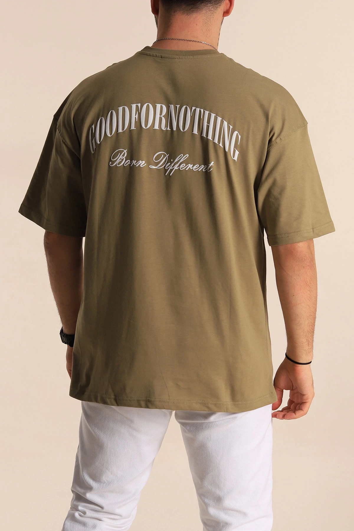 Haki Oversize Suprem Kumaş Sırt Baskılı Erkek Tişört 267366