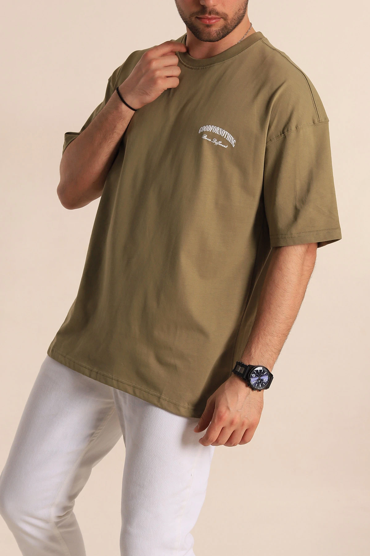 Haki Oversize Suprem Kumaş Sırt Baskılı Erkek Tişört 267366