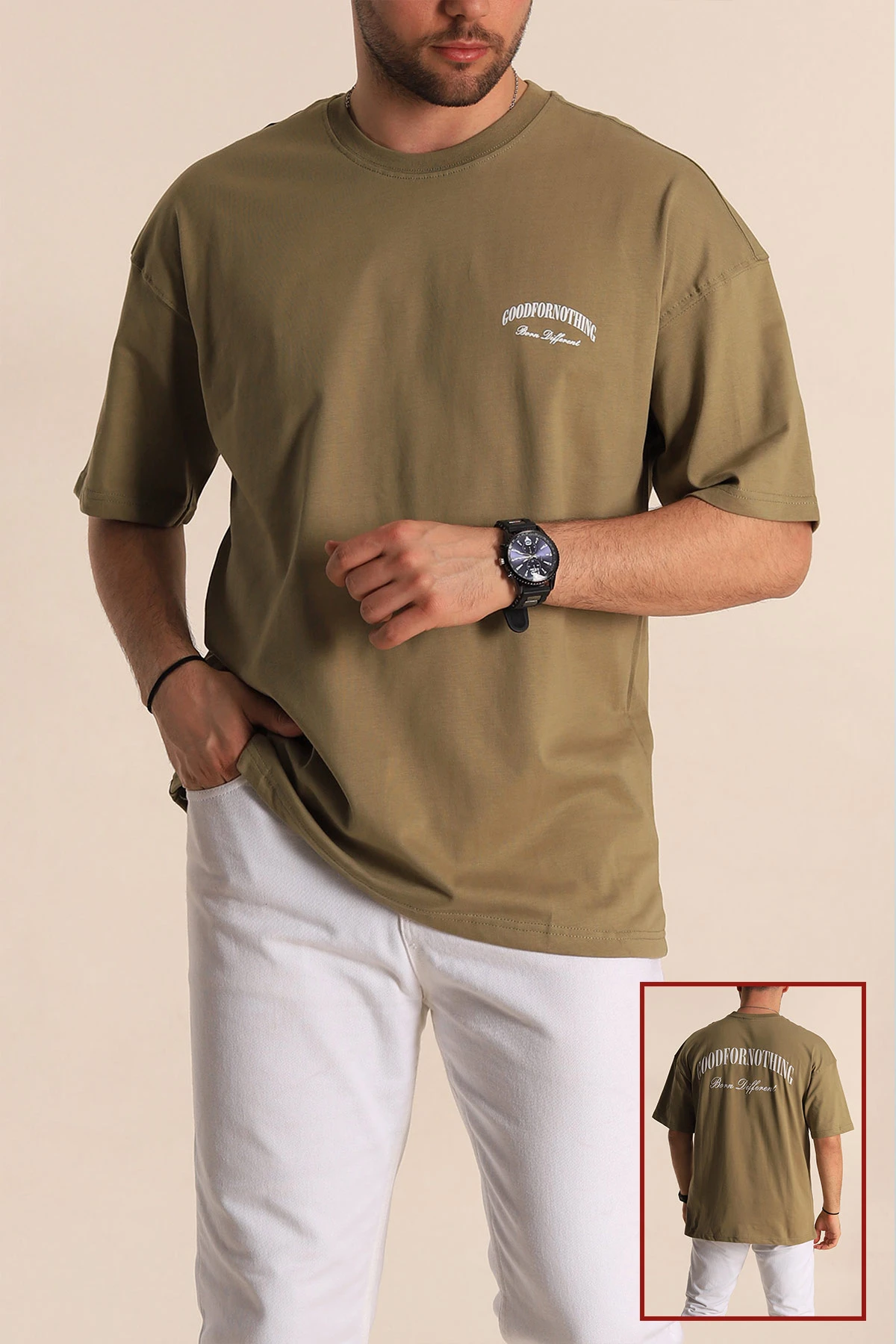 Haki Oversize Suprem Kumaş Sırt Baskılı Erkek Tişört 267366
