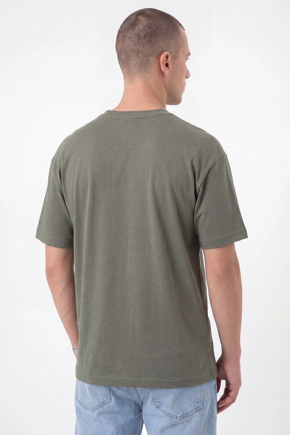 Haki Oversize Oysho Kumaş Bisiklet Yaka Erkek Tişört 453869