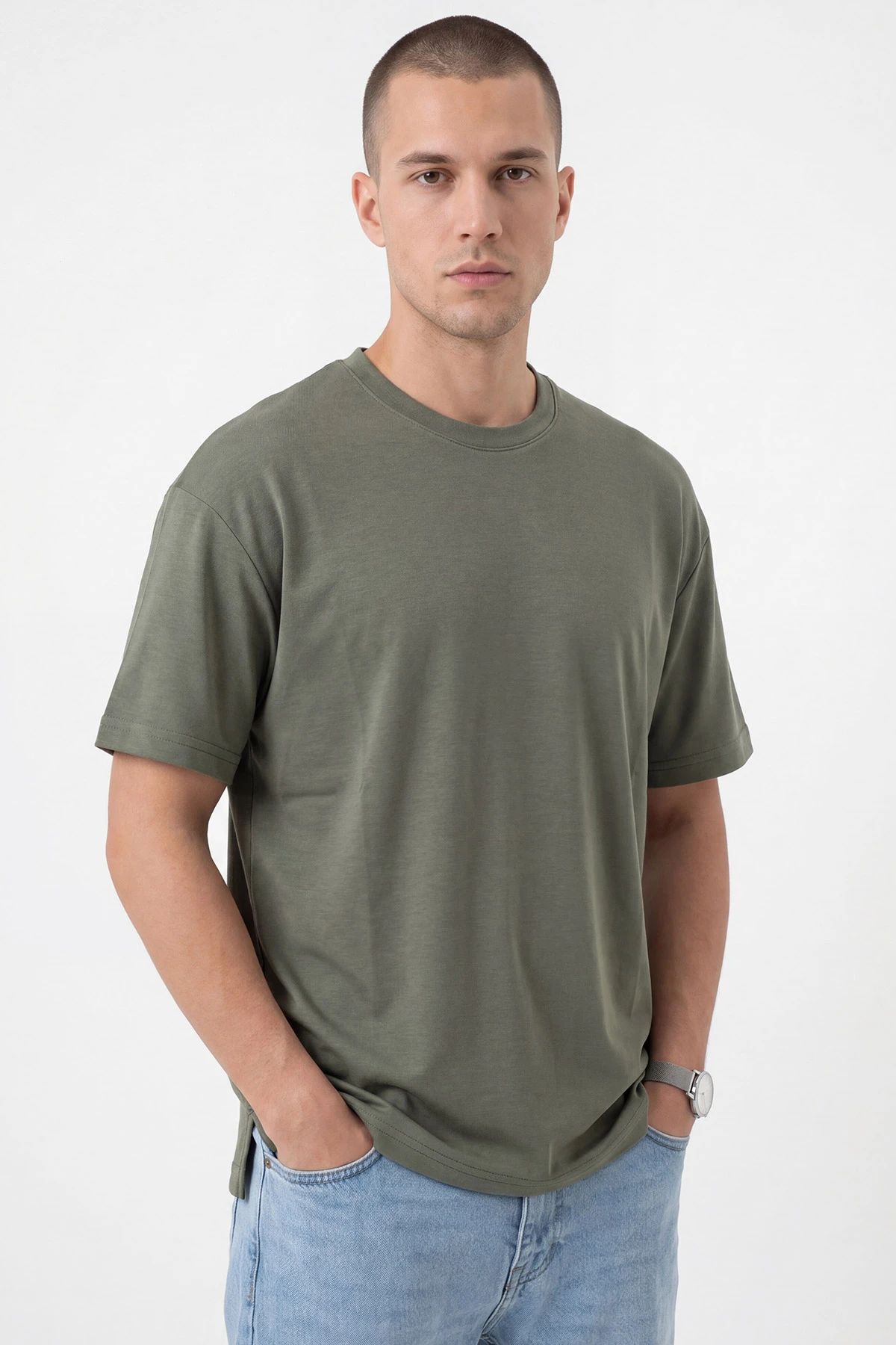 Haki Oversize Oysho Kumaş Bisiklet Yaka Erkek Tişört 453869