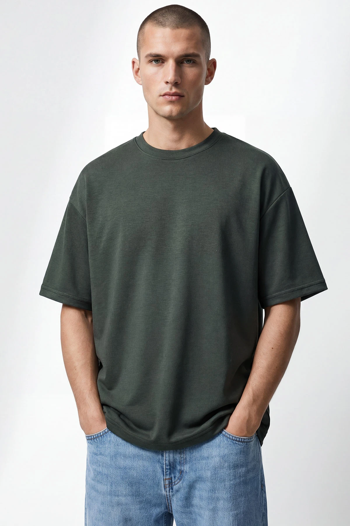 Haki Oysho Kumaş Oversize Bisiklet Yaka Erkek Tişört 438910