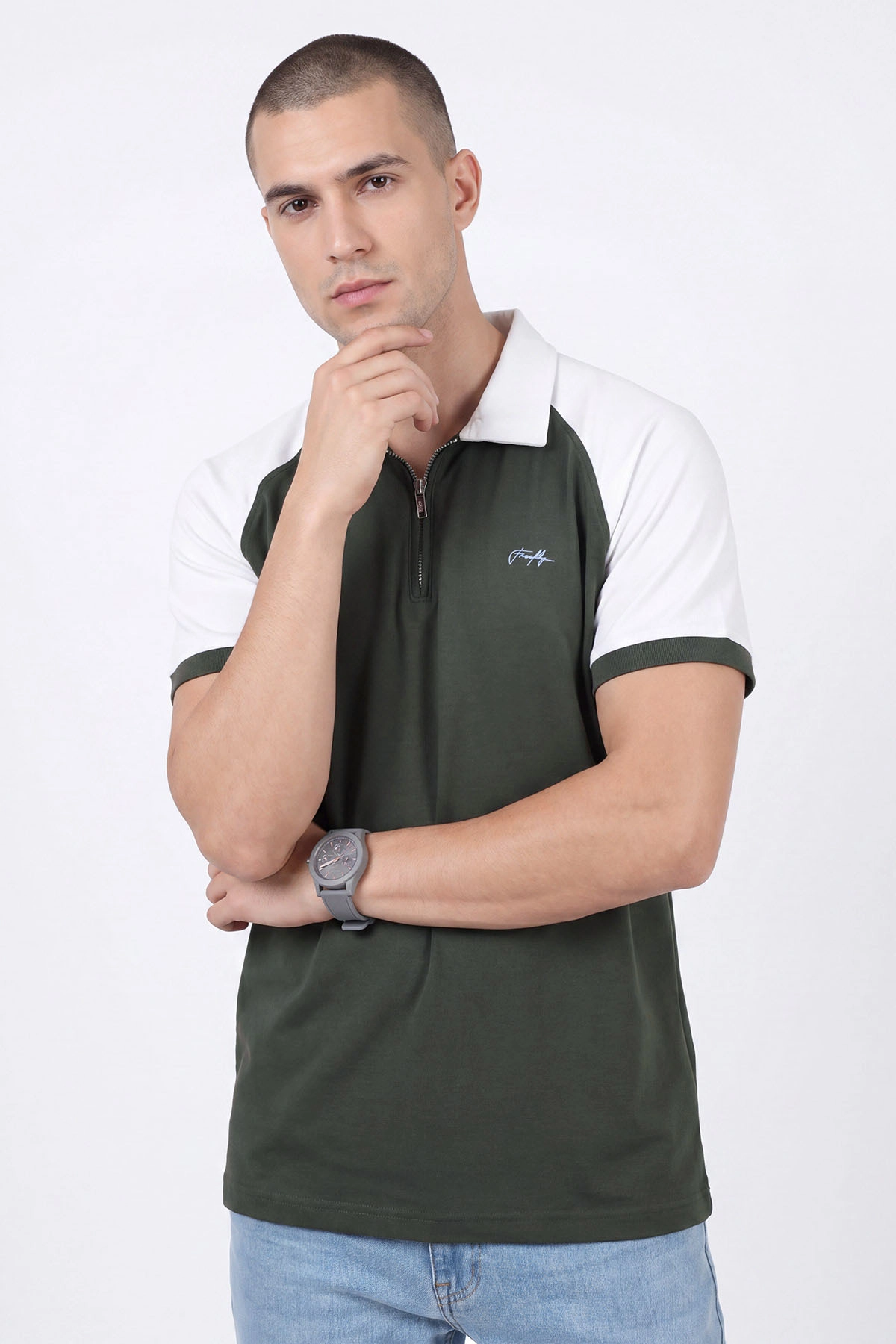 Haki Oysho Kumaş Yarım Fermuarlı Polo Yaka Erkek Tişört 471689