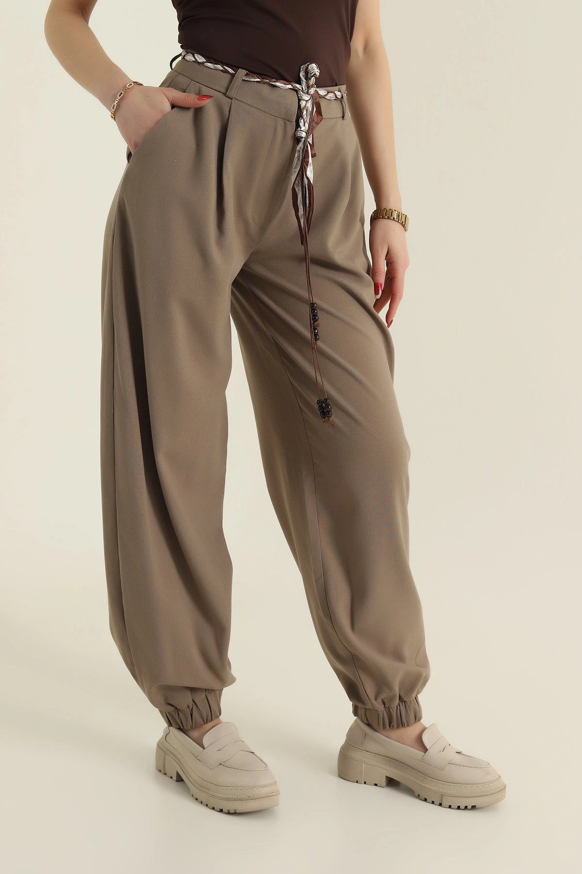 Haki Paça Lastikli Kadın Poliviskon Baggy Pantolon 425499