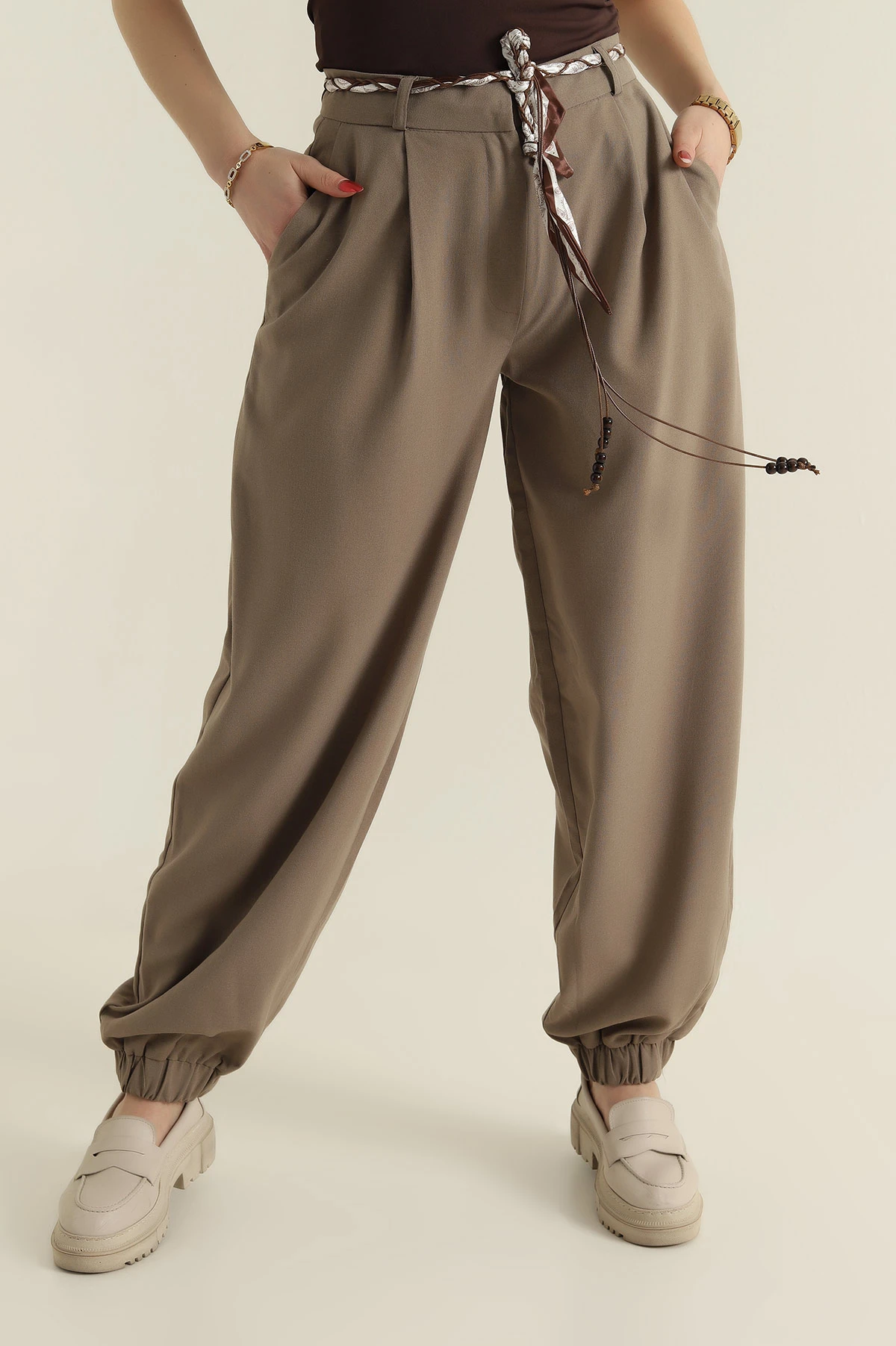 Haki Paça Lastikli Kadın Poliviskon Baggy Pantolon 425499