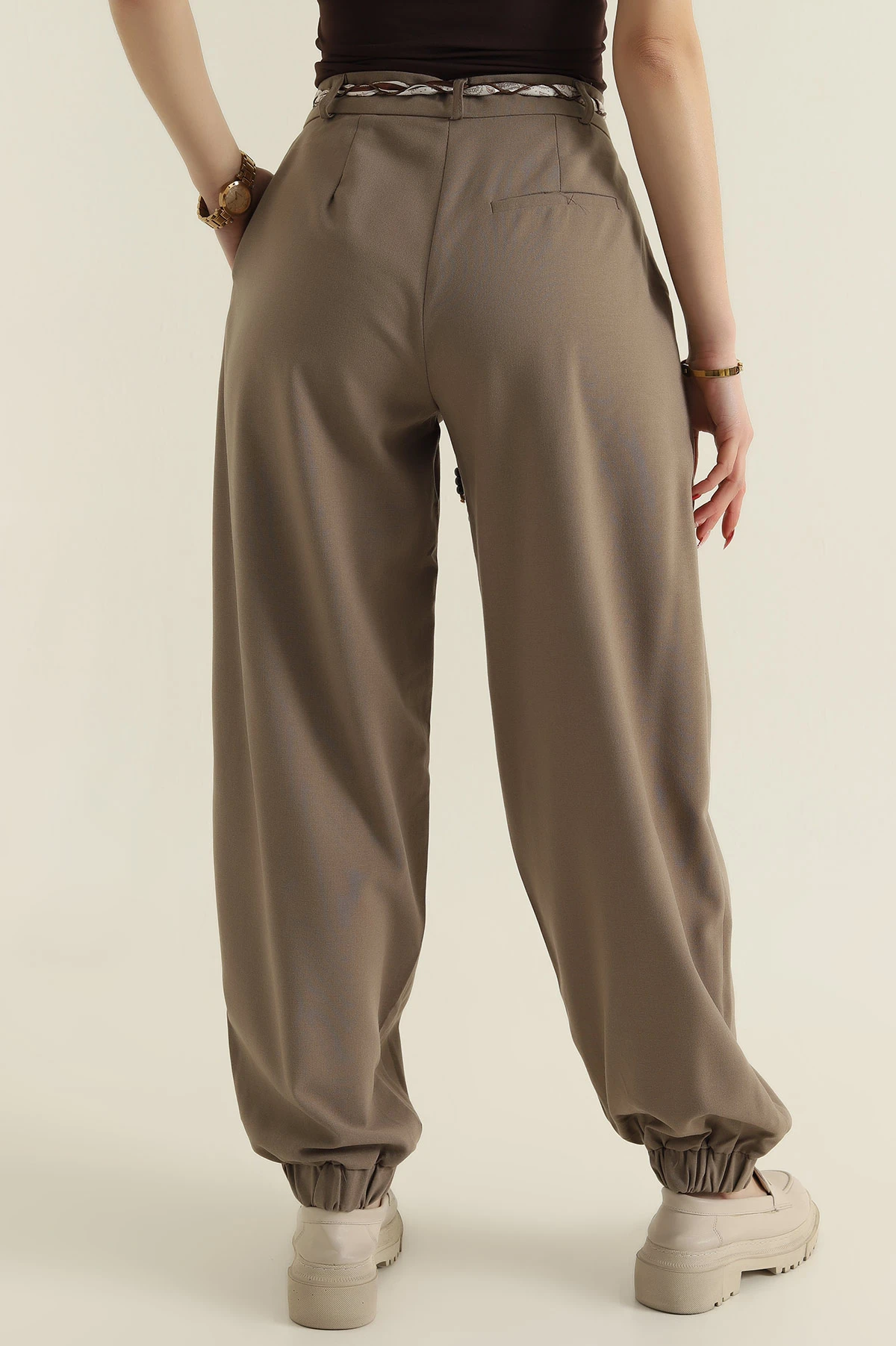 Haki Paça Lastikli Kadın Poliviskon Baggy Pantolon 425499