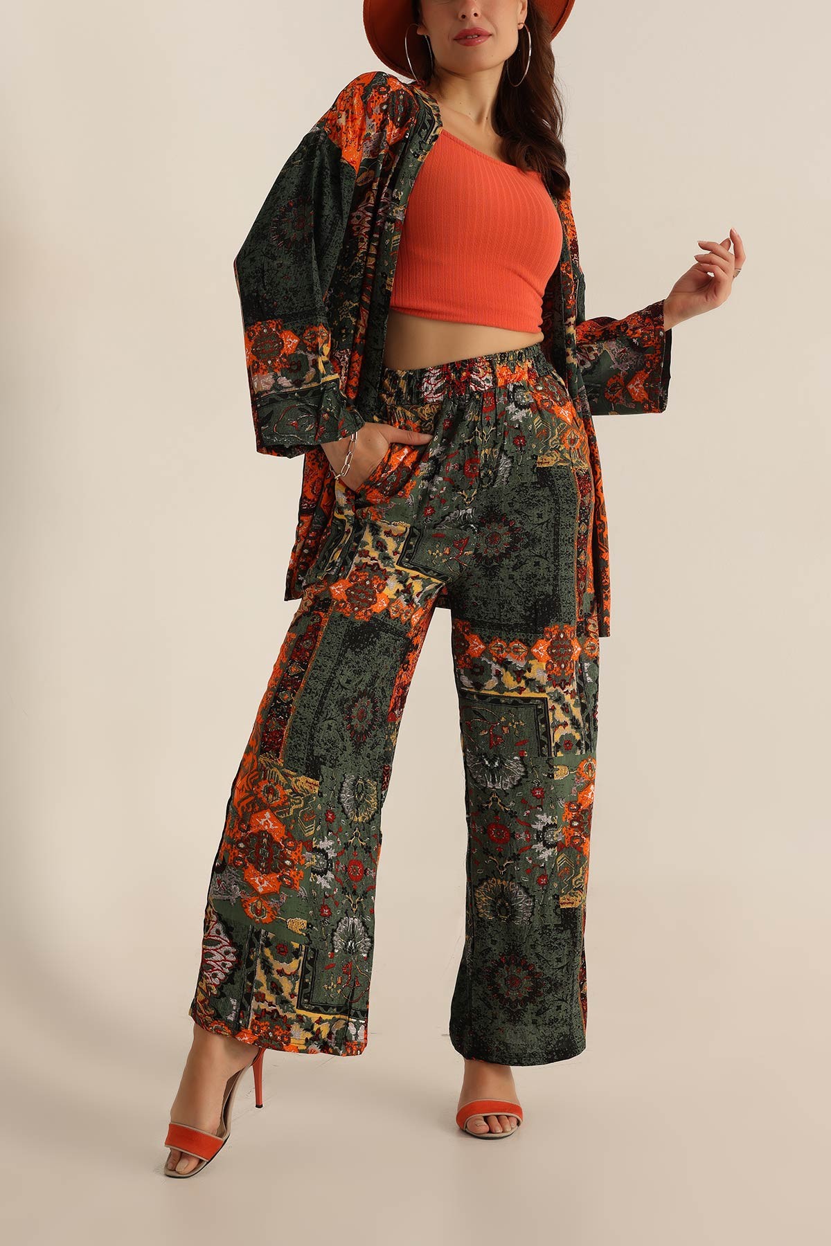Haki Pantolon Kimono Dokuma İkili Takım 196946