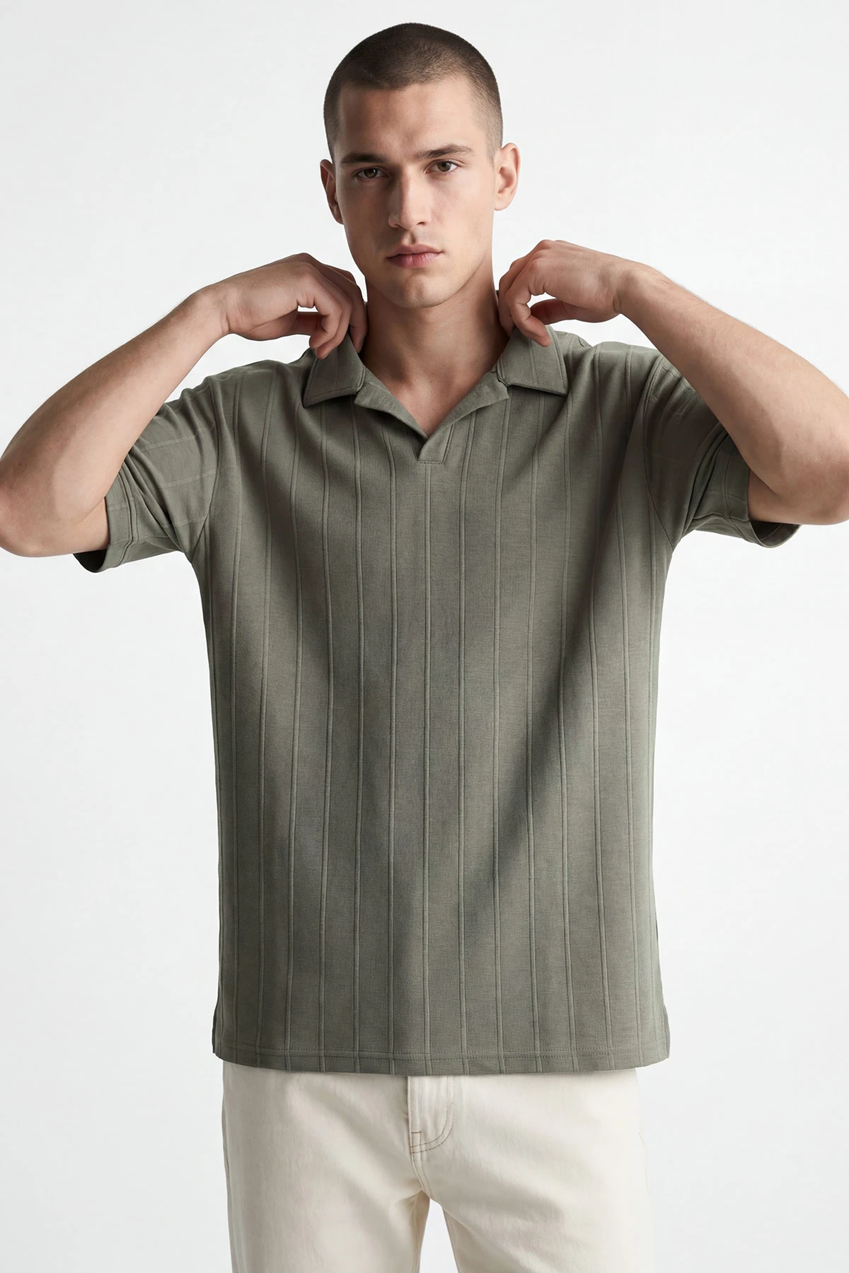 Haki Pike Kumaş Oversize Polo Yaka Erkek Tişört 448945