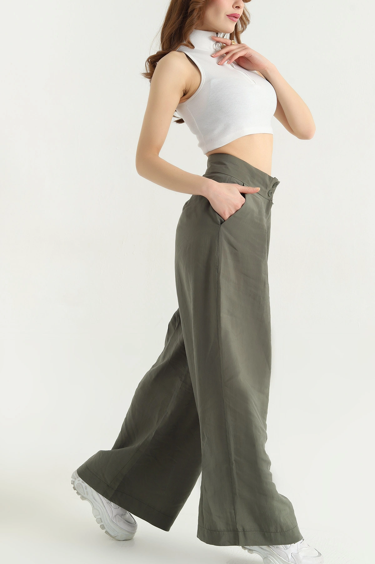 Haki Pileli Cepli Bayan Tencel Pantolon 337618