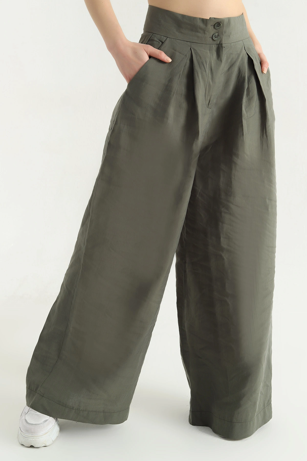 Haki Pileli Cepli Bayan Tencel Pantolon 337618