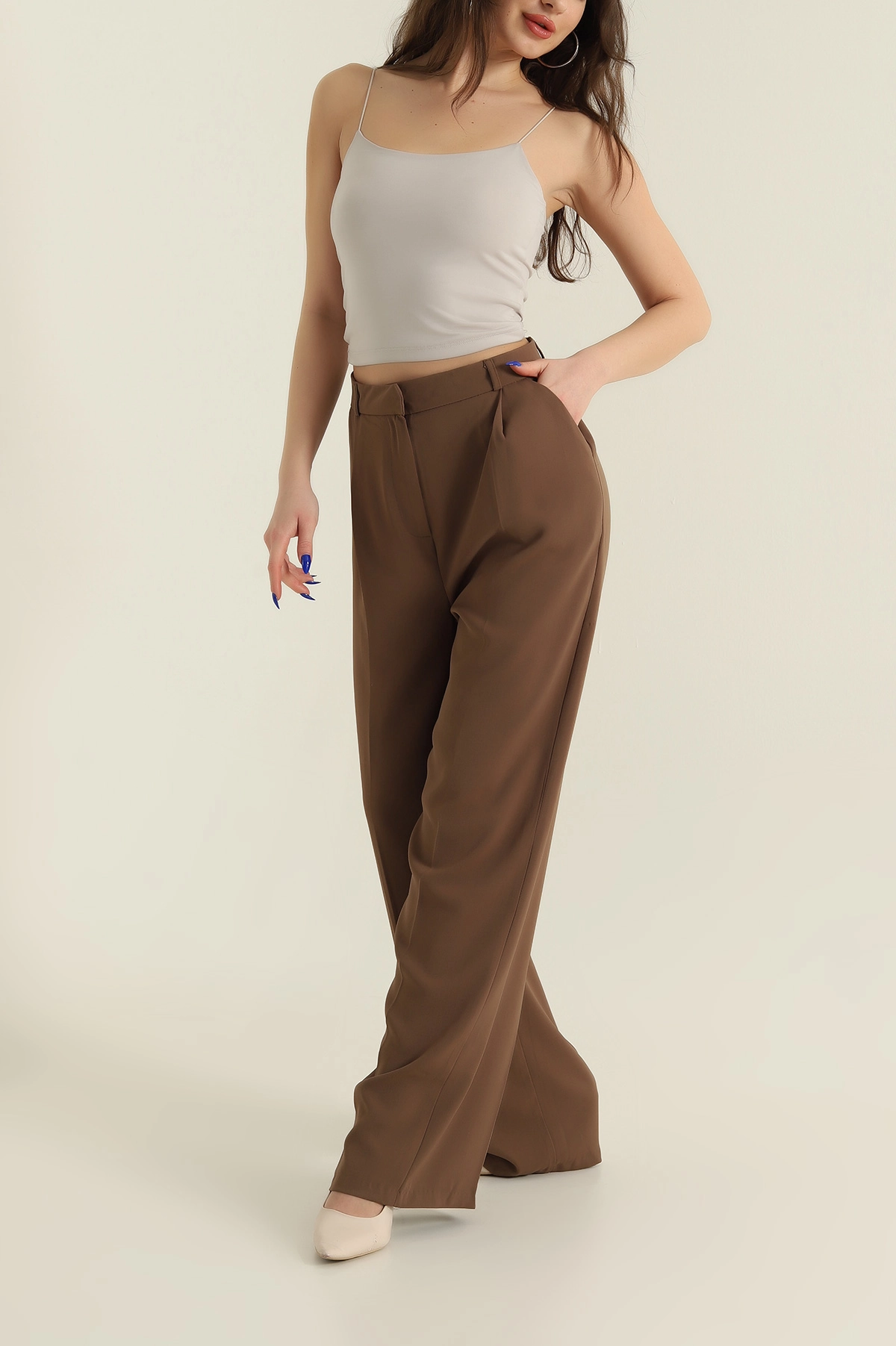 Haki Pileli Palazzo Twill Kadın Pantolon 425421