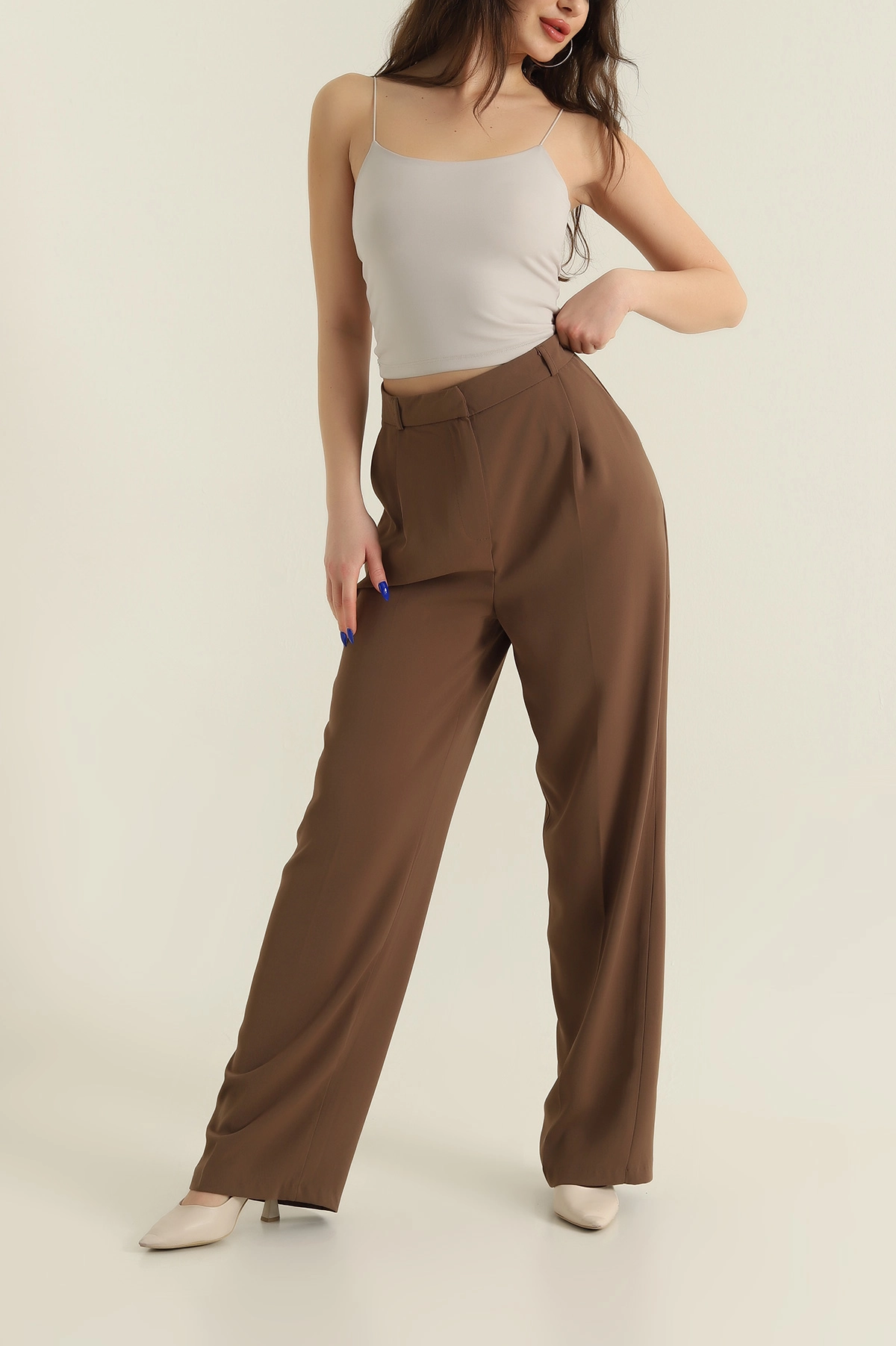 Haki Pileli Palazzo Twill Kadın Pantolon 425421