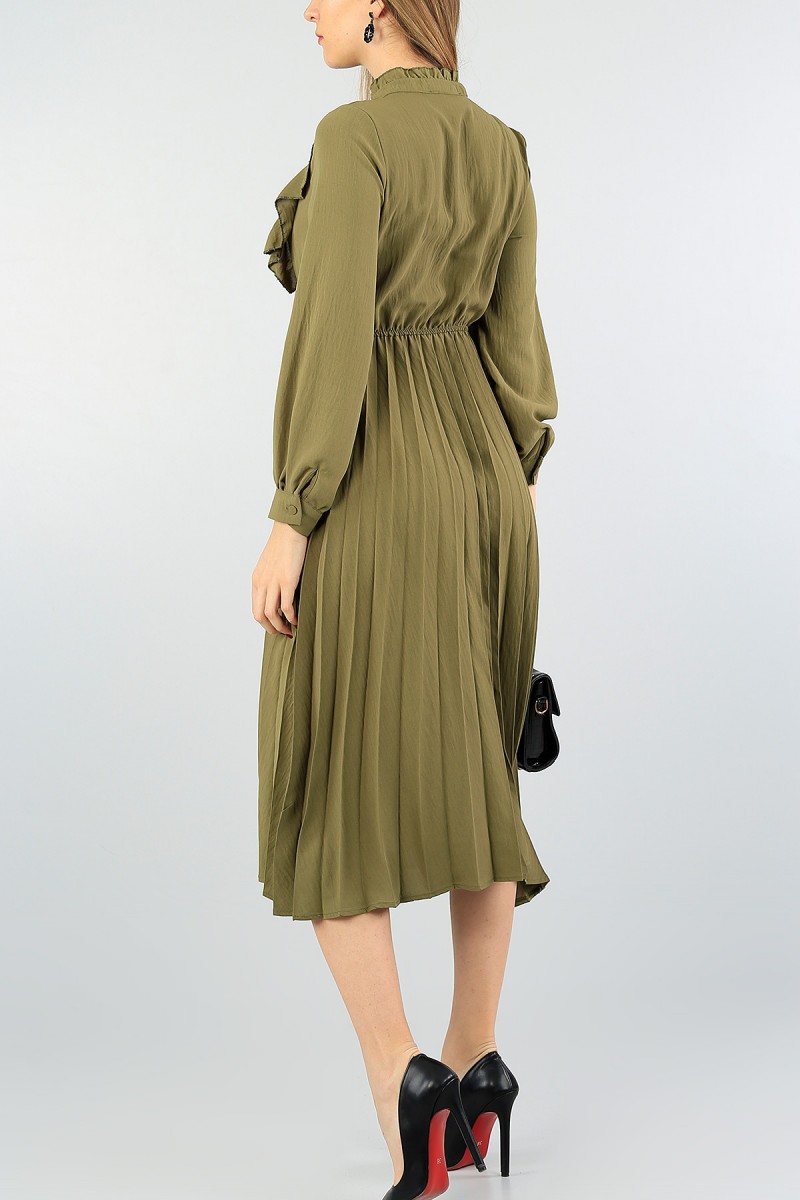 Haki Piliseli Beli Lastikli Elbise 59166