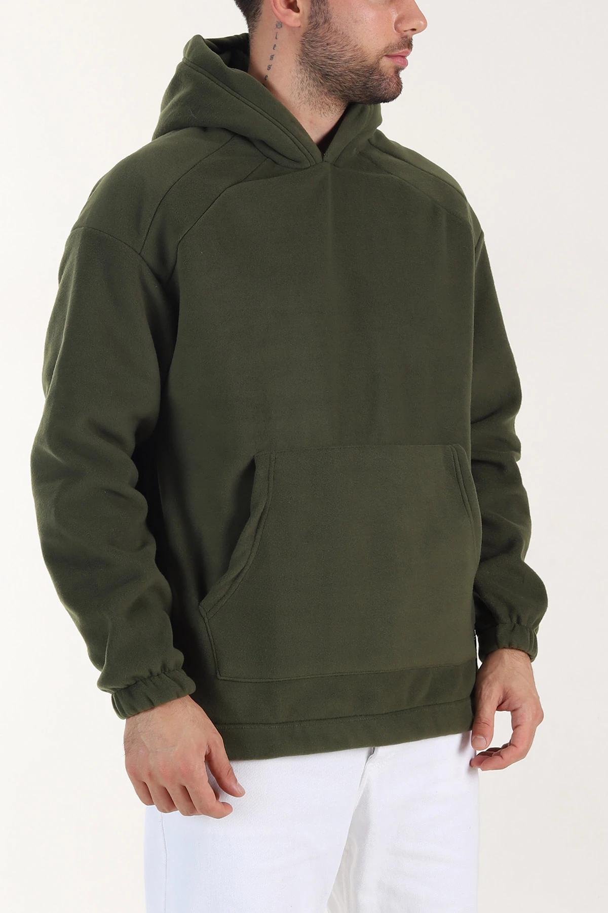 Haki Polar Kumaş Kapüşonlu Erkek Sweatshirt 408505