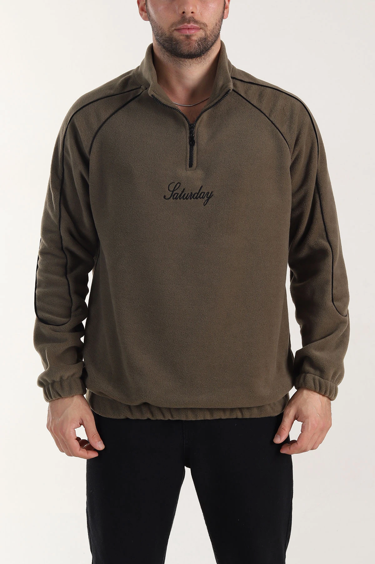 Haki Polar Kumaş Yarım Fermuarlı Yazı Detaylı Erkek Sweatshirt 408551