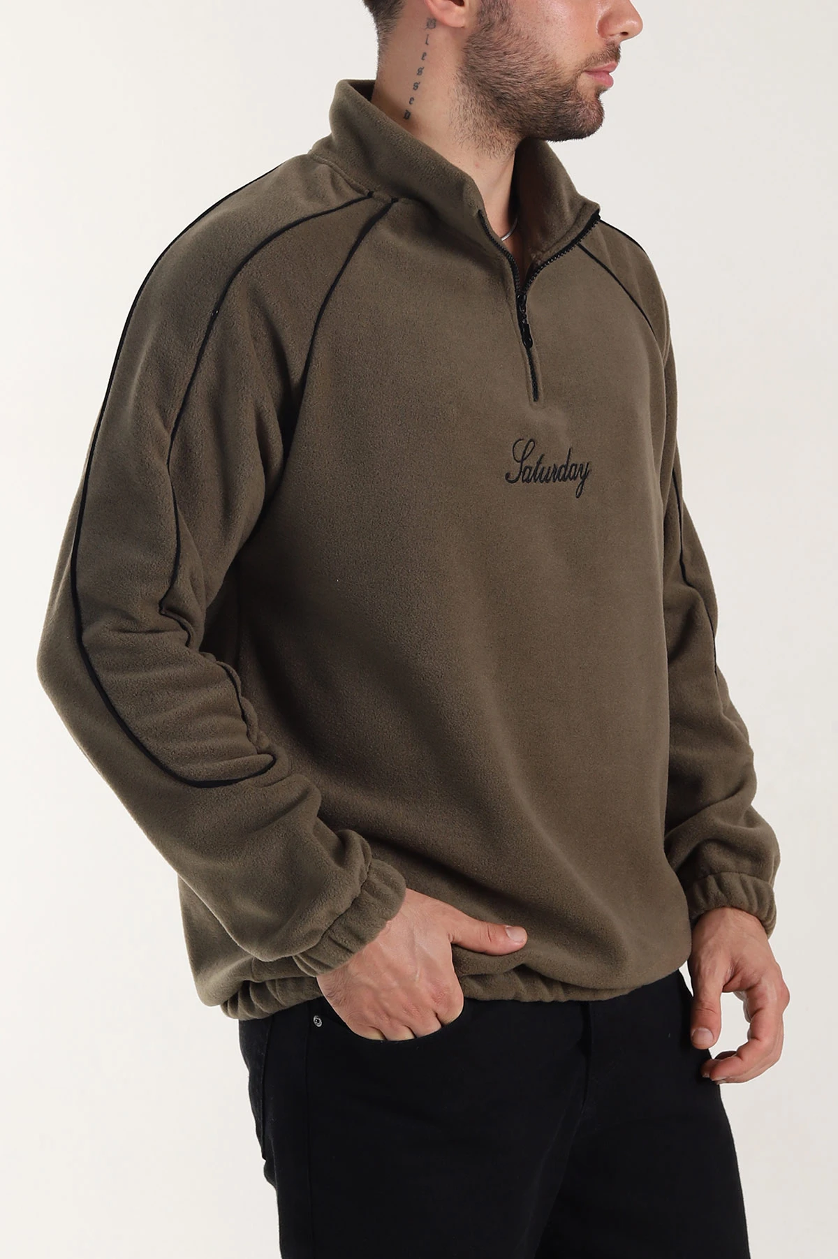 Haki Polar Kumaş Yarım Fermuarlı Yazı Detaylı Erkek Sweatshirt 408551