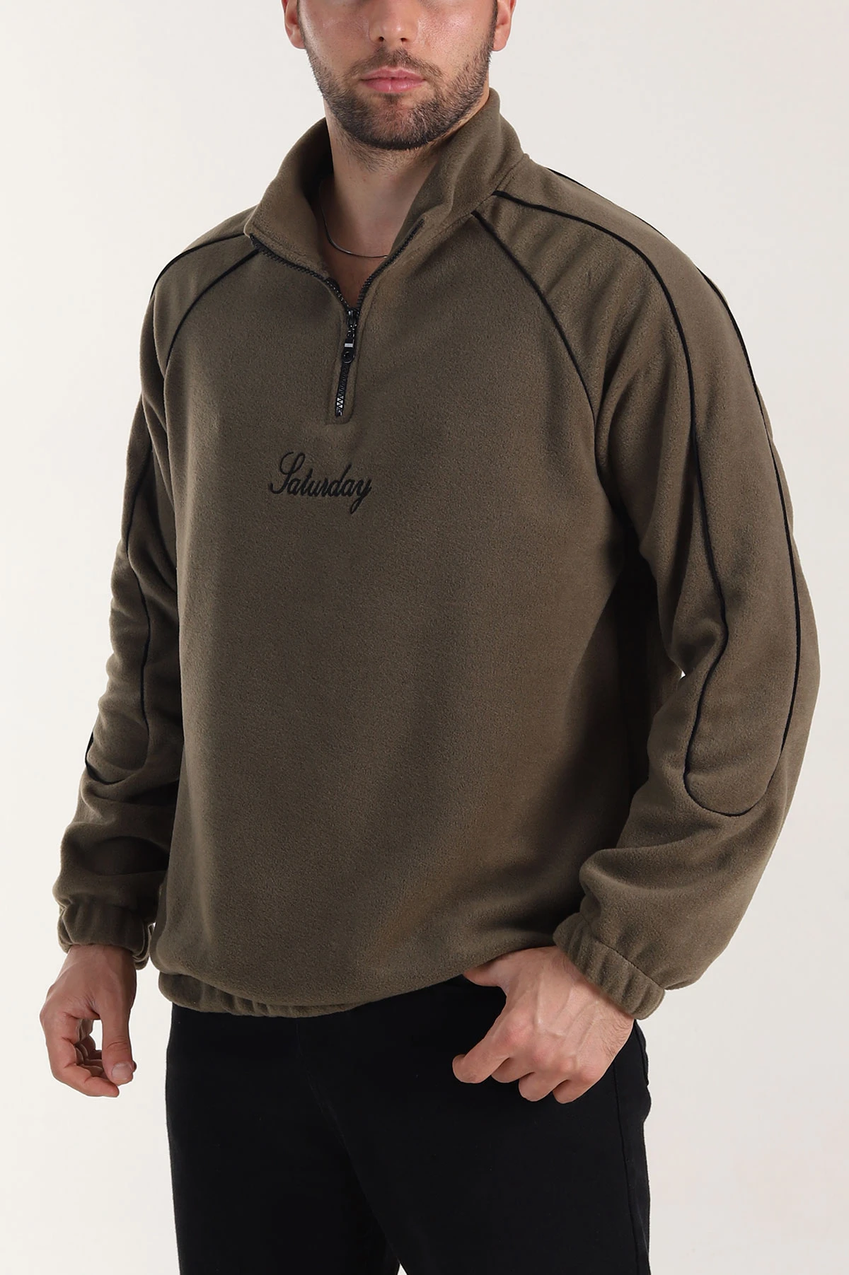 Haki Polar Kumaş Yarım Fermuarlı Yazı Detaylı Erkek Sweatshirt 408551