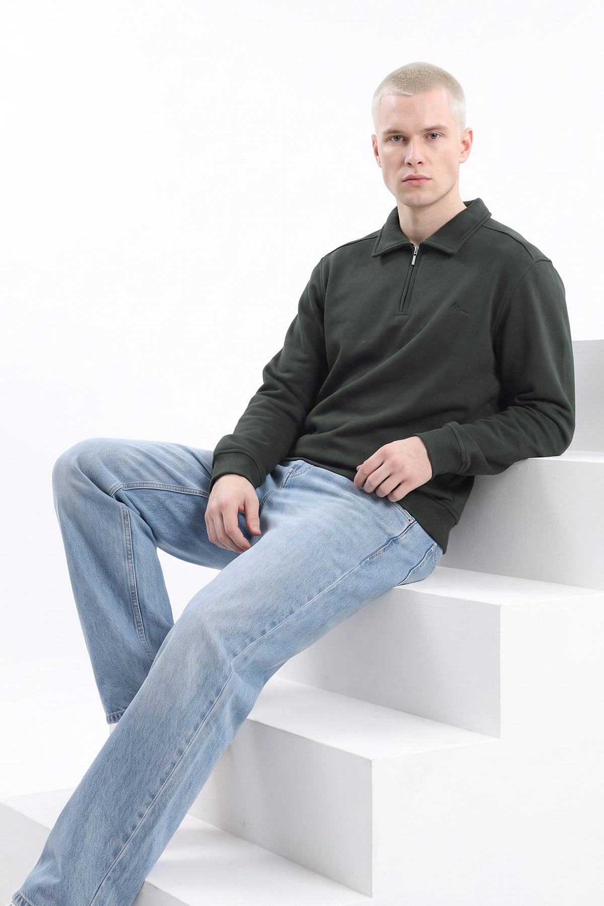 Haki Polo Yaka Yarım Fermuarlı Erkek Sweatshirt 499388