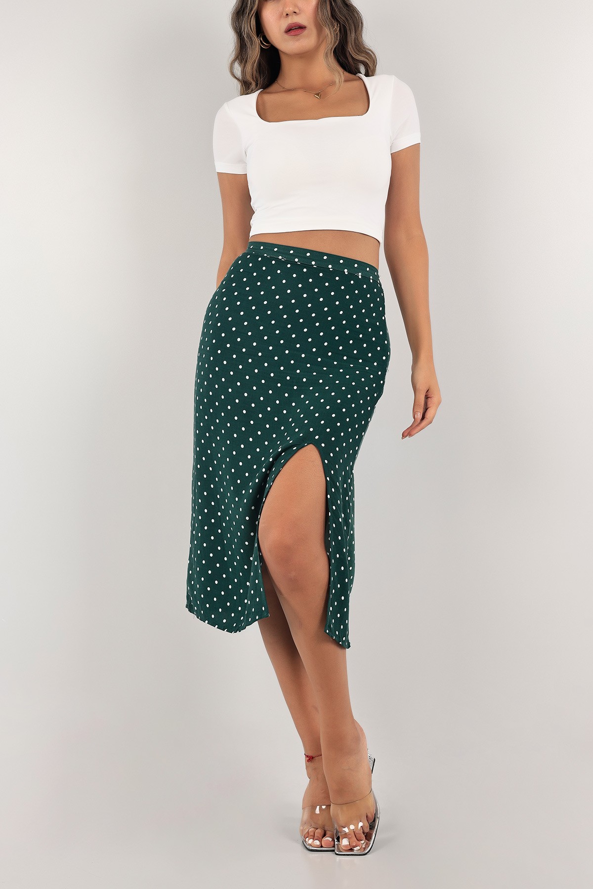 Haki Puantiye Desenli Dokuma Etek 124231