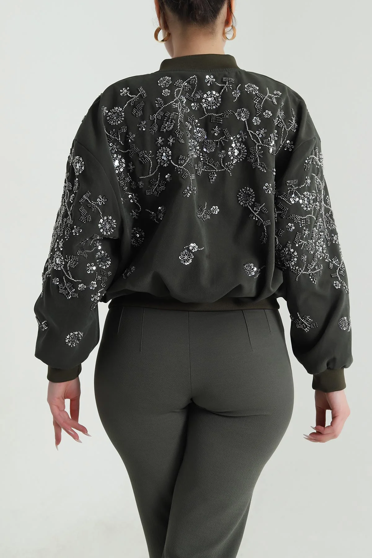 Haki Pul Nakış Detay Işık Kadife Kadın Bomber 491565
