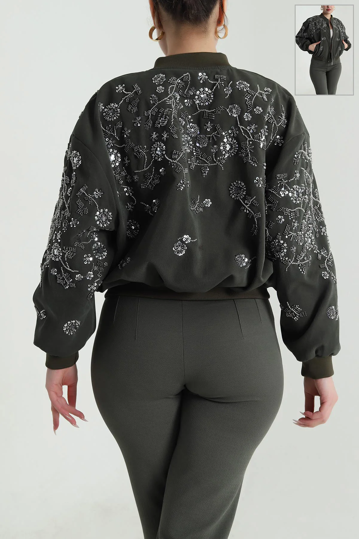 Haki Pul Nakış Detay Işık Kadife Kadın Bomber 491565