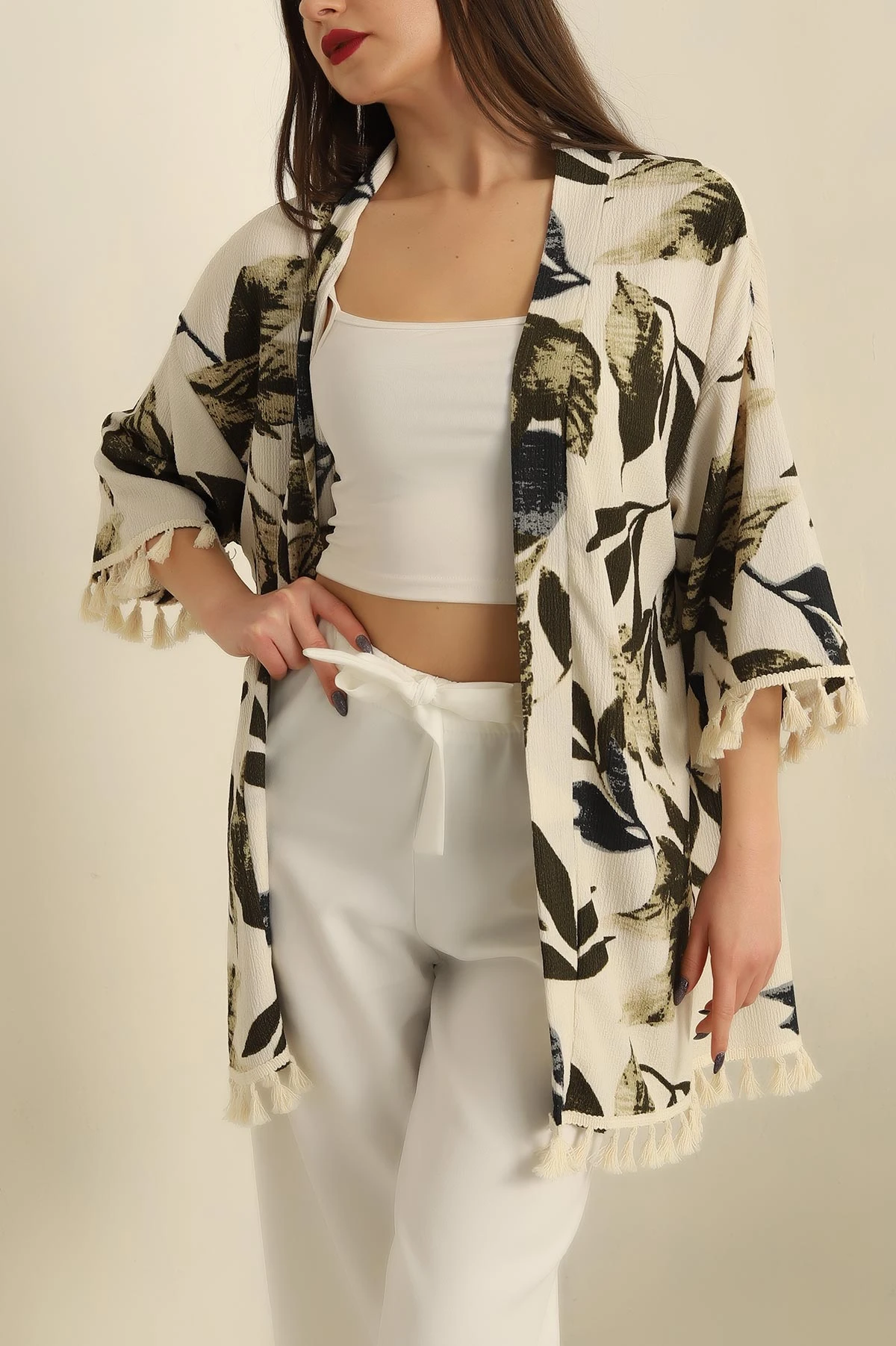 Haki Püsküllü Okyanus kumaş Kimono 251976
